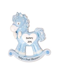 Personalized Baby's First Christmas Rocking Pony Girl Tree Ornament Blue 