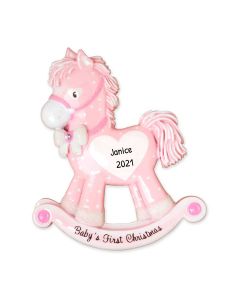 Personalized Baby's First Christmas Rocking Pony Girl Tree Ornament Pink