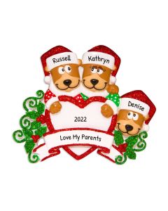 Personalized Brown Bear Family of 3 Christmas Tree Ornament 