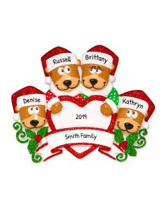 Personalized Brown Bear Family of 4 Christmas Tree Ornament 