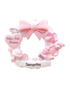 Personalized Baby's 1st Christmas Wreath Tree Ornament Pink Female