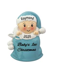 Personalized Blue Baby Boy in Santa Sack Christmas Tree Ornament