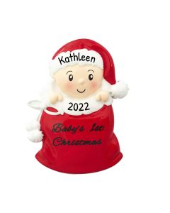 Personalized Red Baby Boy in Santa Sack Christmas Tree Ornament