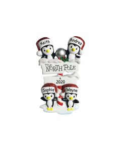 Personalized North Pole Penguin Family of 4 Christmas Tree Ornament 
