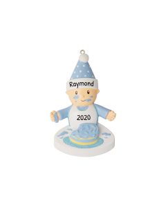 Personalized Baby with Their Face in The Cake Christmas Tree Ornament Male Blue 
