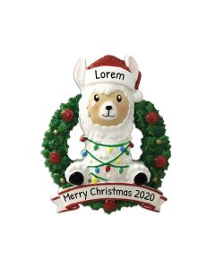 Personalized Baby Llama in Wreath Christmas Tree Ornament Red