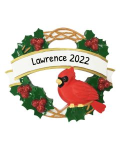 Personalized Cardinal with Christmas Wreath Tree Ornament