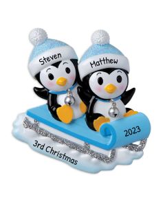 Personalized Twins on a Sled Christmas Tree Ornament Blue
