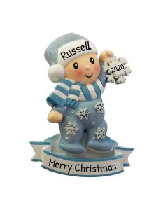 Personalized Baby Boy in Pajamas Holding Snowflake Christmas Tree Ornament