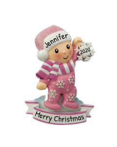 Personalized Baby Girl in Pajamas Holding Snowflake Christmas Tree Ornament