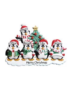 Personalized Penguin Family of 5 Christmas Tree Ornament