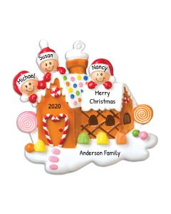 Personalized Gingerbread House Family of 3 Christmas Tree Ornament 