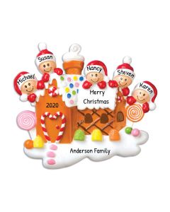 Personalized Gingerbread House Family of 5 Christmas Tree Ornament 
