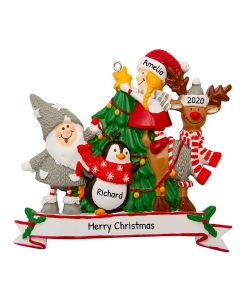 Personalized Family of 4 Christmas Tree Ornament Little Girl Santa Reindeer Penguin