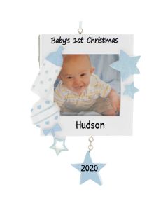 Personalized Baby's 1st Christmas Photo Frame Christmas Ornament Female Blue