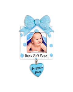 Personalized Present Picture Frame Christmas Tree Ornament Male Blue