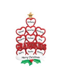 Personalized Grandkid Heart Family of 10 Christmas Tree Ornament 