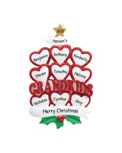 Personalized Grandkid Heart Family of 9 Christmas Tree Ornament 