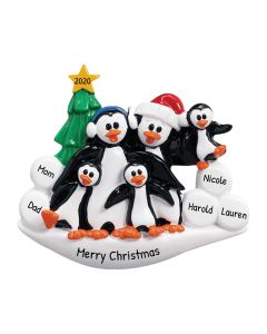Personalized Petey Penguin Family of 5 Christmas Tree Ornament