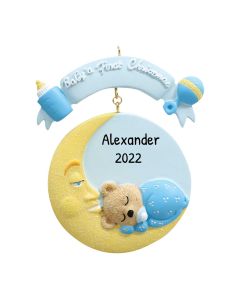 Personalized Baby's 1st Christmas Mr. Moon Tree Ornament Blue