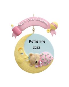 Personalized Baby's 1st Christmas Mr. Moon Tree Ornament Pink