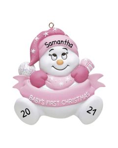 Personalized Snow baby's 1st Christmas Tree Ornament Pink With Writing 