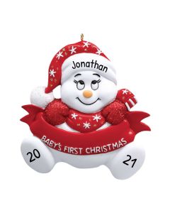 Personalized Snow baby's 1st Christmas Tree Ornament Red With Writing 
