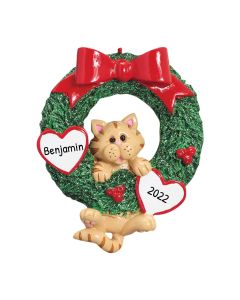 Personalized Gray Tabby Cat in Wreath Christmas Tree Ornament Orange 