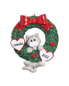 Personalized Gray Tabby Cat in Wreath Christmas Tree Ornament Grey 