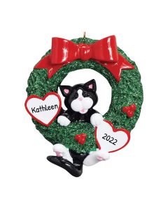 Personalized Tuxedo Cat in Wreath Christmas Tree Ornament