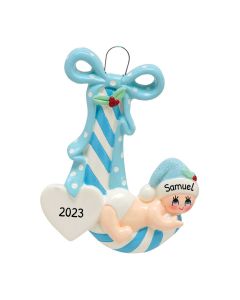 Personalized Candy Cane Baby Ornament Blue