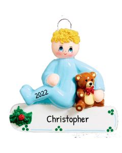 Personalized Toddler Boy Teddy Bear Christmas Tree Ornament Blonde 