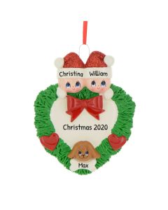 Personalized Wreath Couple with Dog Christmas Tree Ornament