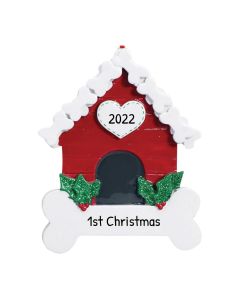 Personalized Red House & Dog Bone Ornament 