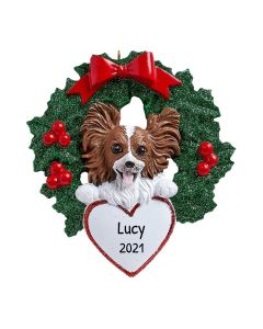 Personalized Papillon with Wreath Ornament
