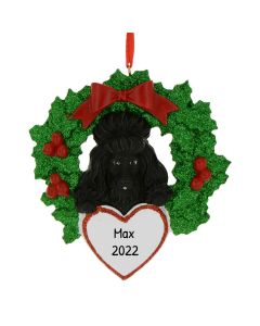 Personalized Black Poodle with Wreath Ornament