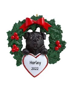 Personalized Black Pug with Wreath Ornament