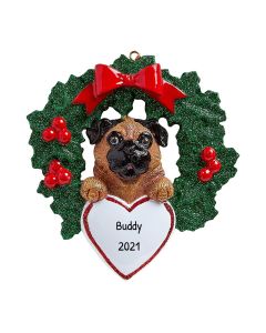 Personalized Pug with Wreath Ornament