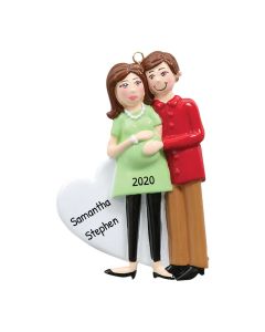 Personalized Pregnant Couple Christmas Tree Ornament Female and Male Brunette 