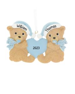 Personalized Twins Bears Baby's First Christmas Tree Ornament Blue Pink Both Males