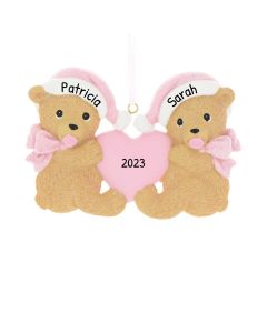 Personalized Twins Bears Baby's First Christmas Tree Ornament Blue Pink Both Female 