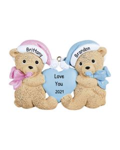 Personalized Twins Bears Baby's First Christmas Tree Ornament Blue Pink Female and Male 