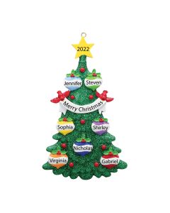 Personalized Green Glitter Tree Family of 7 Christmas Ornament