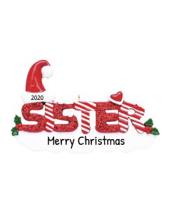 Personalized Red Glitter Sister Word Ornament 