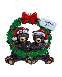 Personalized Couple Black Bears Wreath Ornament 
