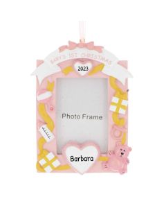 Personalized Baby's 1st Christmas Photo Frame Ornament Female Pink