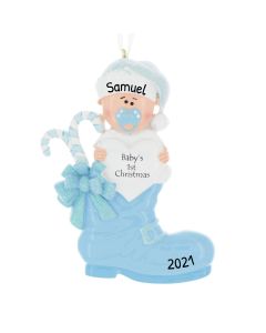 Personalized Baby Boot Girl Christmas Tree Ornament Blue Male