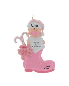 Personalized Baby Boot Girl Christmas Tree Ornament Pink Female