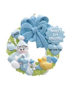Personalized Baby's 1st Christmas Wreath Tree Ornament Male Blue