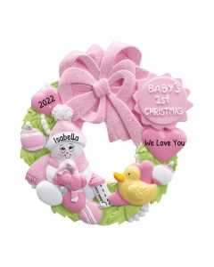 Personalized Baby's 1st Christmas Wreath Tree Ornament Female Pink 